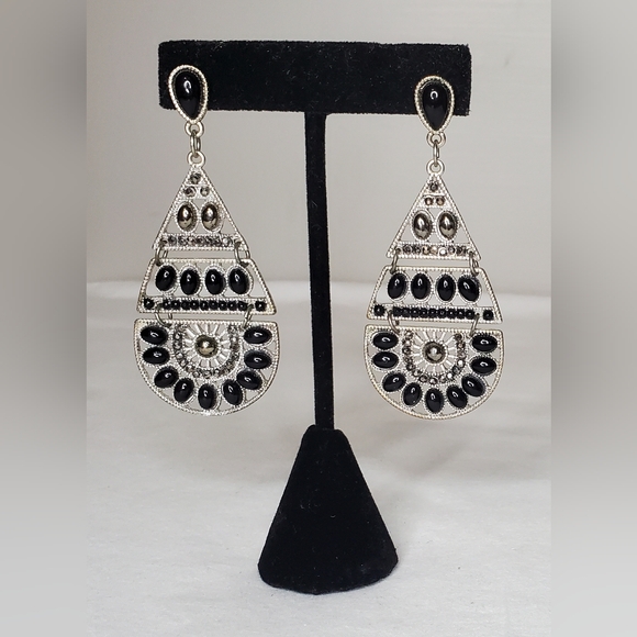 Teardrop Silver and Black Dangle Earrings - Picture 2 of 10